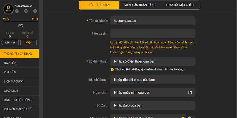 Người chơi cần điền đẩy đủ các thông tin cá nhân